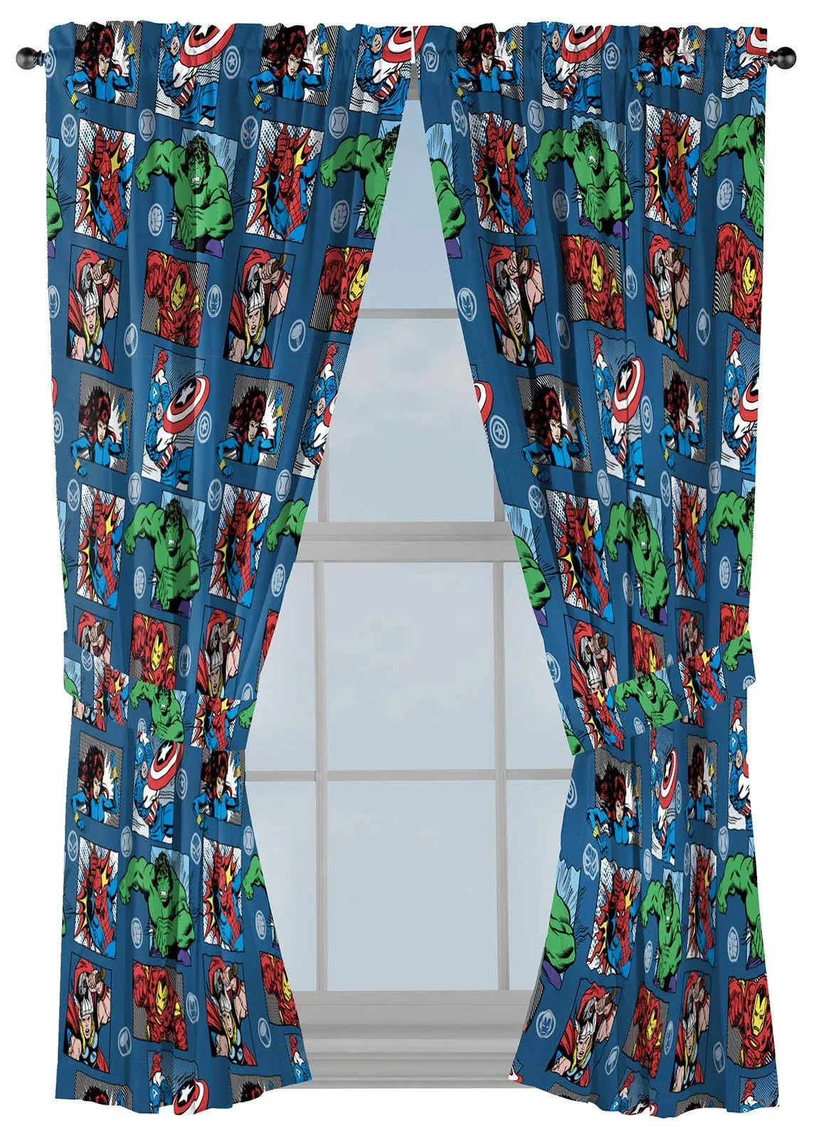 Jay Franco Marvel Avengers Fighting Team 63" inch Drapes - Beautiful Room Décor & Easy Set Up, Bedding - Curtains Include 2 Tiebacks, 4 Piece Set