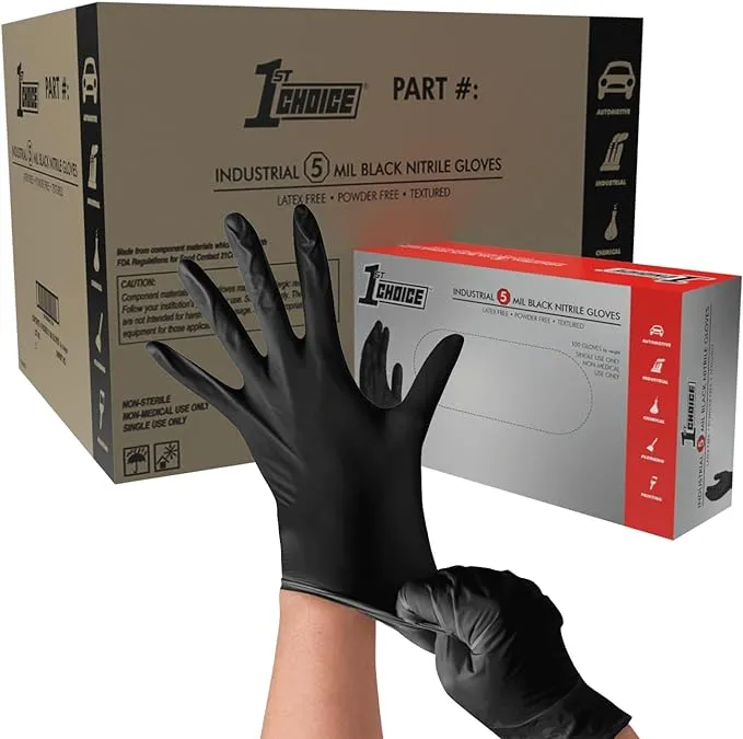 1st Choice Nitrile Gloves, Black Gloves Disposable Latex Free, Textured Industrial Black Gloves for Cooking and more, 5 mil