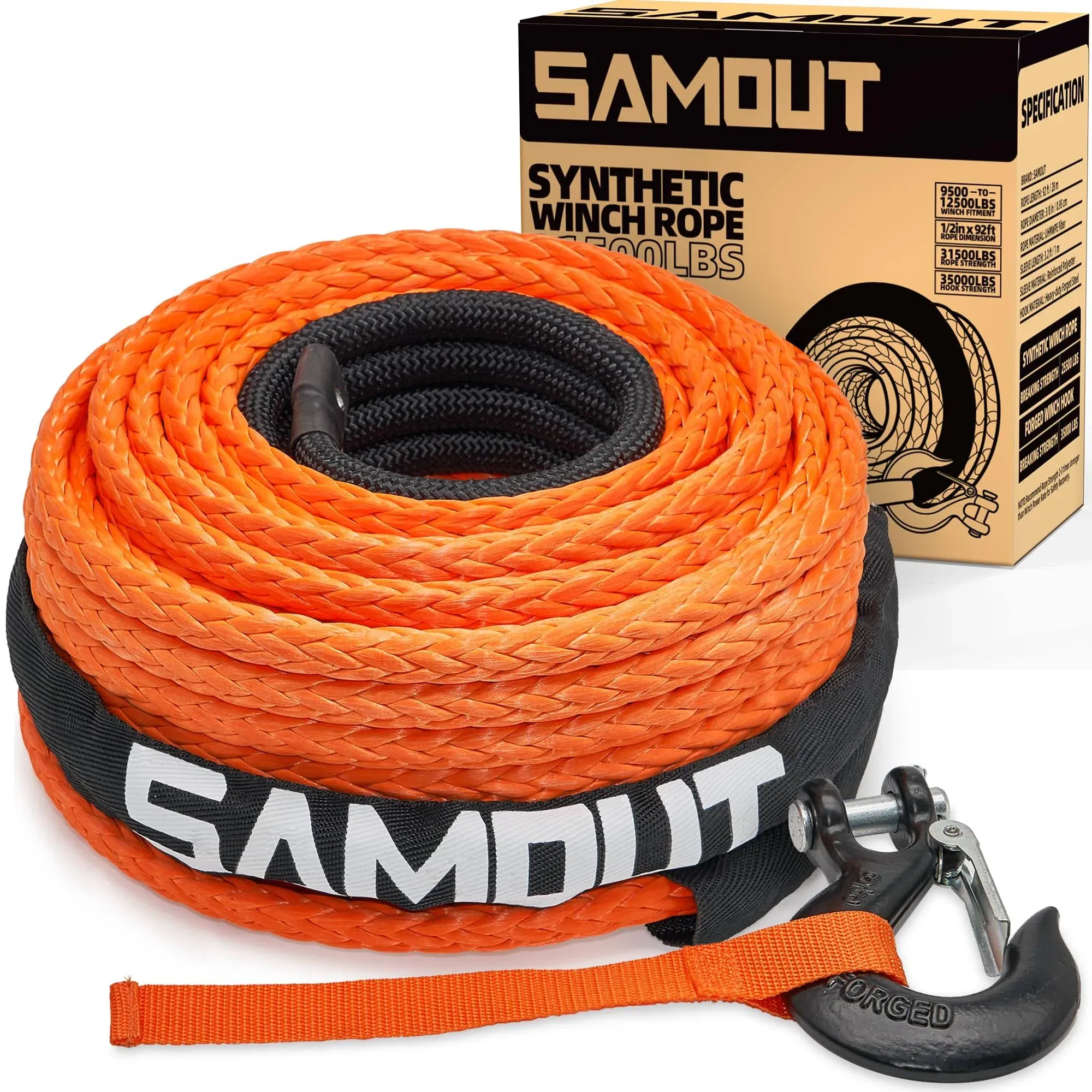 SAMOUT Synthetic Winch Rope Cable Kit: 1/2in x 92ft 31500LBS with Protective ...