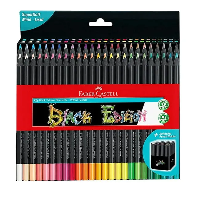 Faber-Castell Black Edition Colored Pencils - 50 Count, Black Wood and Super Soft Core Lead, Art Colored Pencils for Adult Coloring, Teens, Kids and Beginners