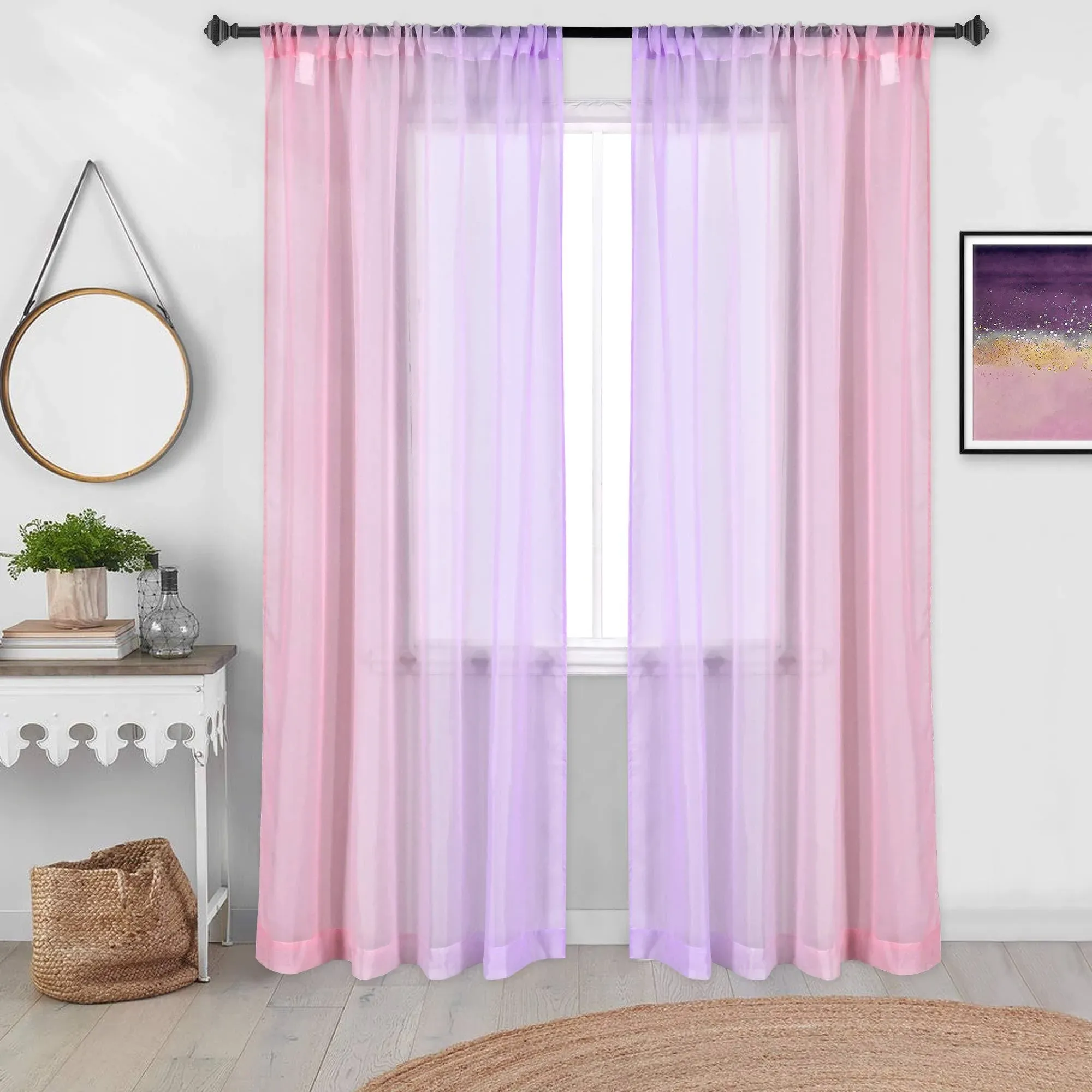 Pink and Purple Curtains Sheers for Girls Bedroom Set 2 Pieces Ombre Rod Pocket Window Treatment Transparent Curtains Background Light Lavender Lilac Sheers Decoration for Birthday Party 52X72 Inch