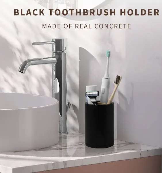 Naumoo Black Concrete Toothbrush Holder Detachable Base and Bamboo Compartment