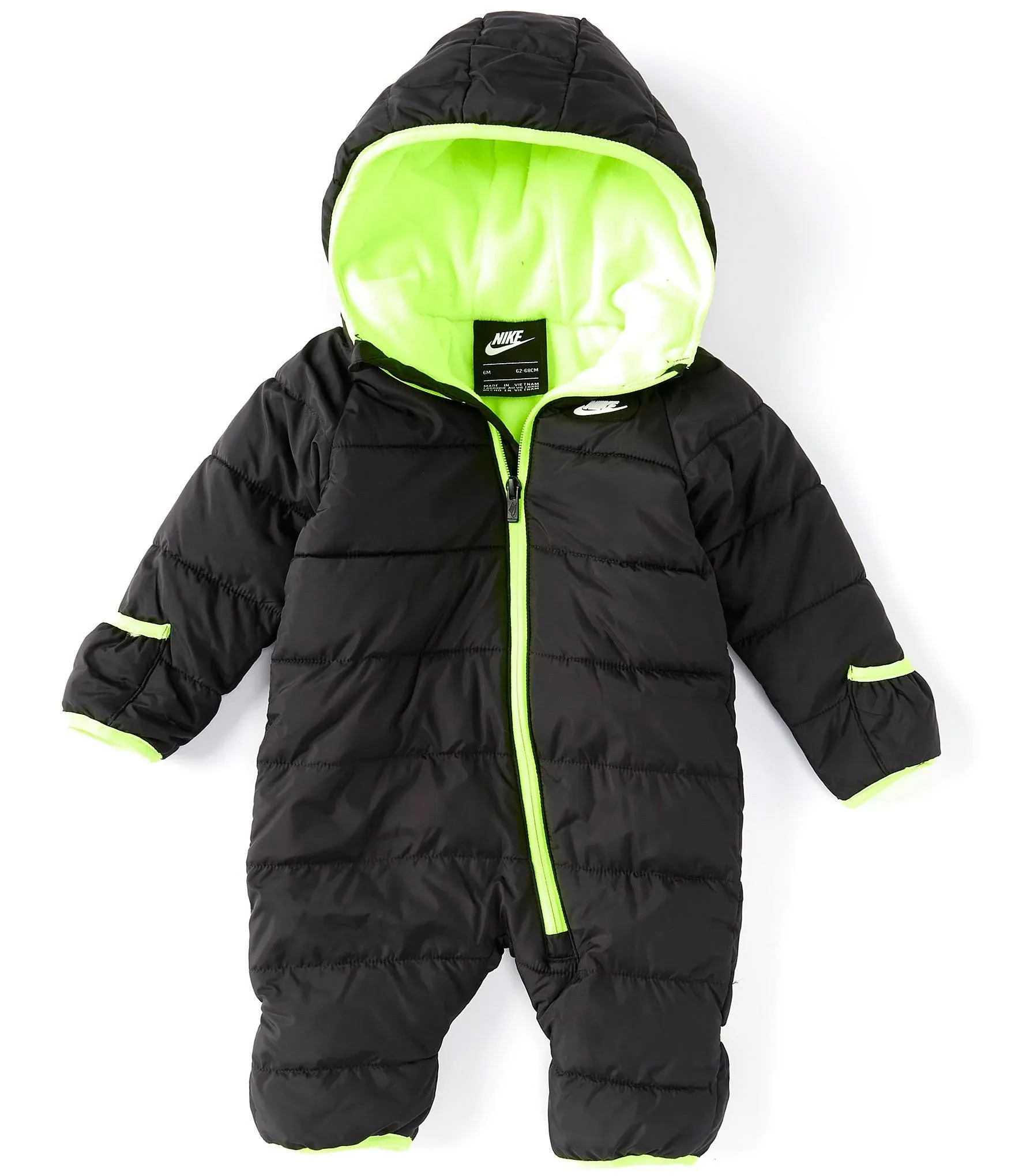 Nike Swoosh Puffer Hooded One Piece Fleece Lined Snow Suit Black Green - Newborn