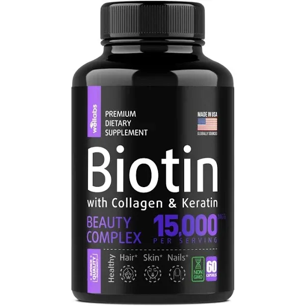 Biotin Capsules with Collagen and Keratin - 25000MCG Per Serving - Biotin Vitamins for Hair, Skin and Nails - Premium Biotin Supplement for Hair Growth for Women and Men - Metabolism Support - 60 Caps