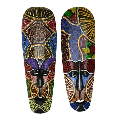 SET OF 2 AFRICAN HAND CARVED ABORIGINAL DOT ART WOODEN TRIBAL MASK WALL DECOR