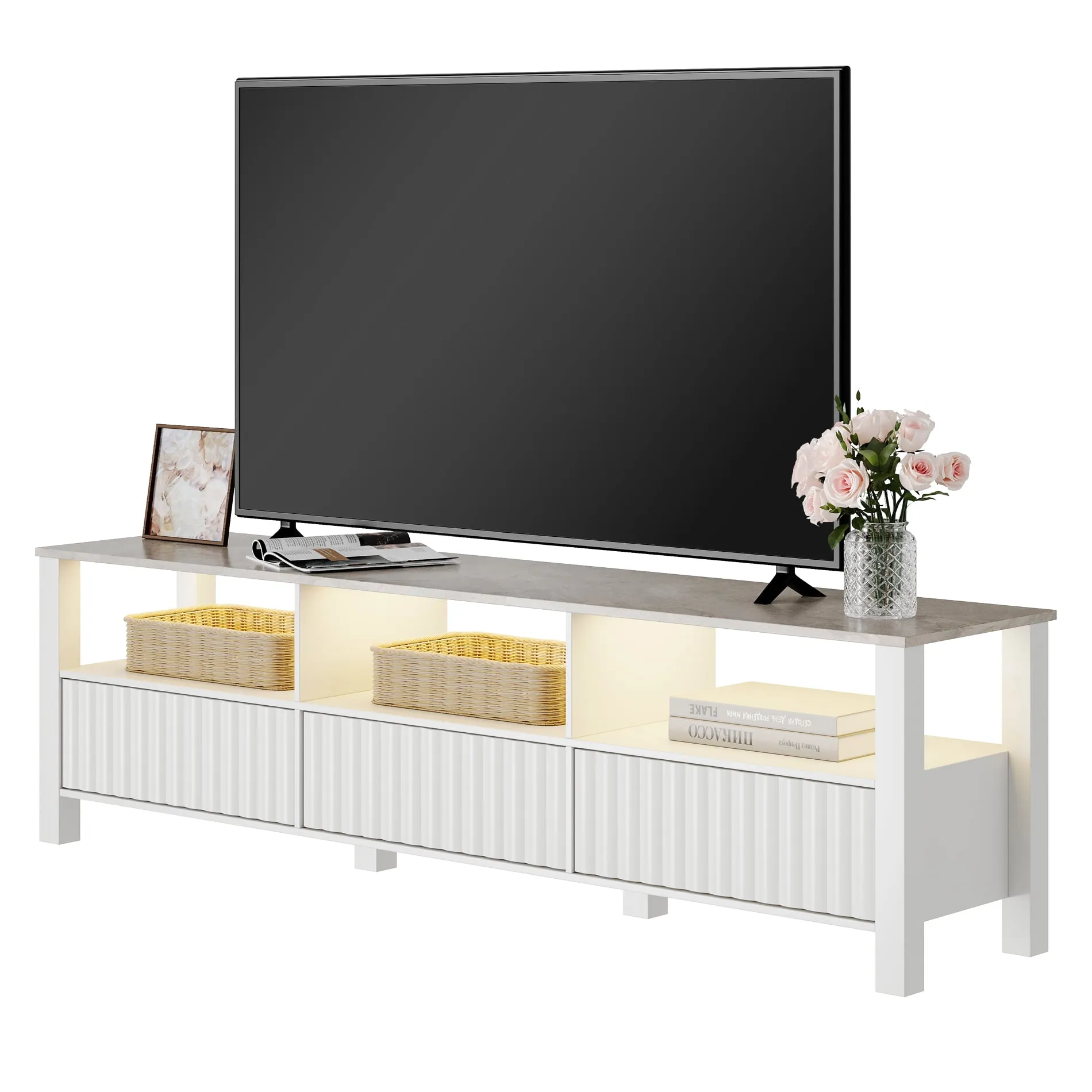 LED TV Stand for 75 inch TV Entertainment Center White TV Console Table with 6 Storages for Living Room Bedroom, 70"