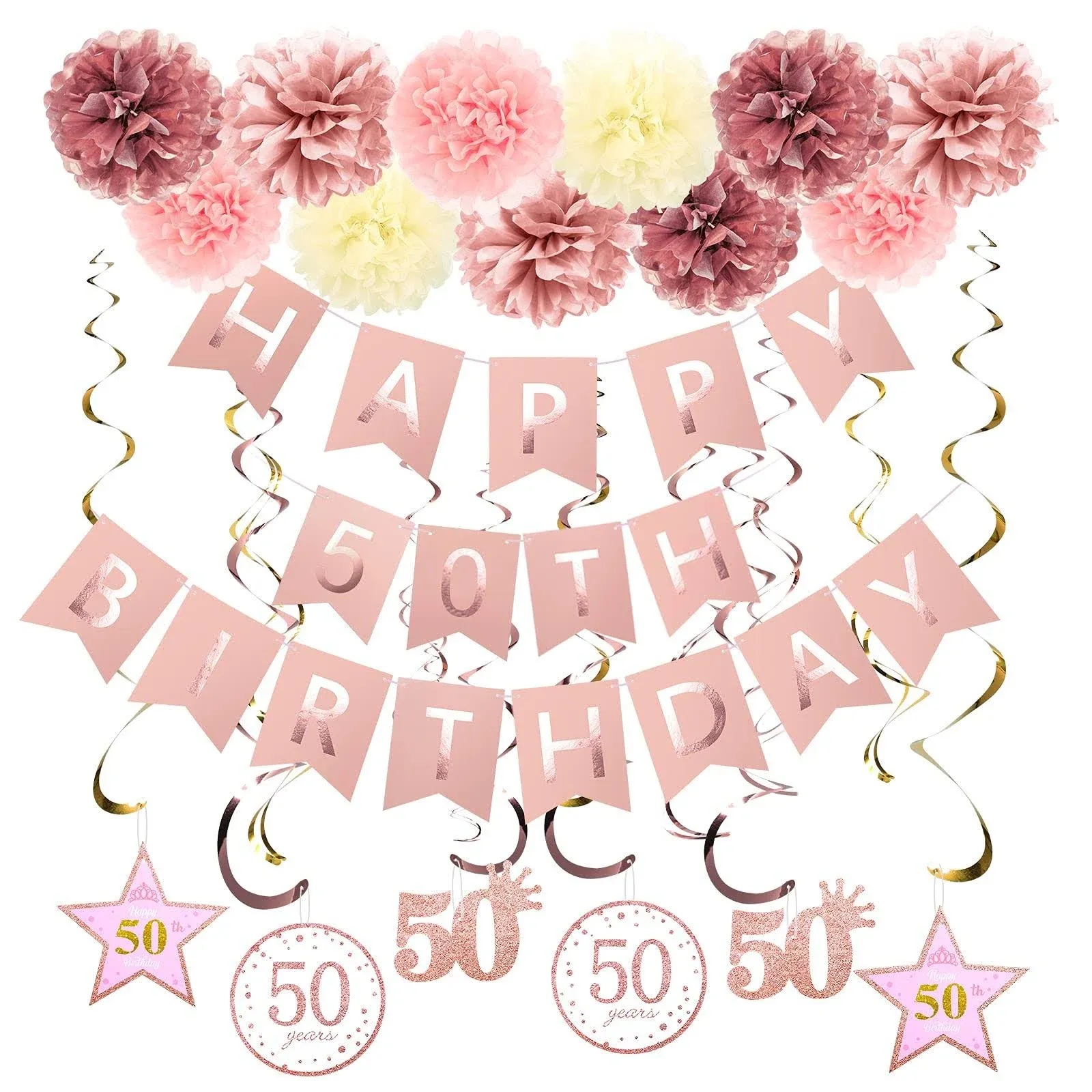 Rose Gold 50th Birthday Party Decorations , Rose gold Glittery Happy 50th Birthday Banner,Poms,Sparkling Hanging Swirls Kit for 50th Birthday Party Supplies