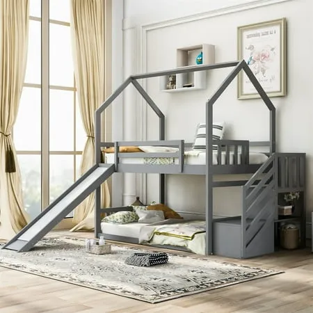 House Bunk Bed for Kids Twin over Twin Bunk Bed Frame with Storage Staircase Convertible Slide and Full-Length Guardrail Wood Floor Bunk Bed for Boys Girls No Box Spring Needed Gray