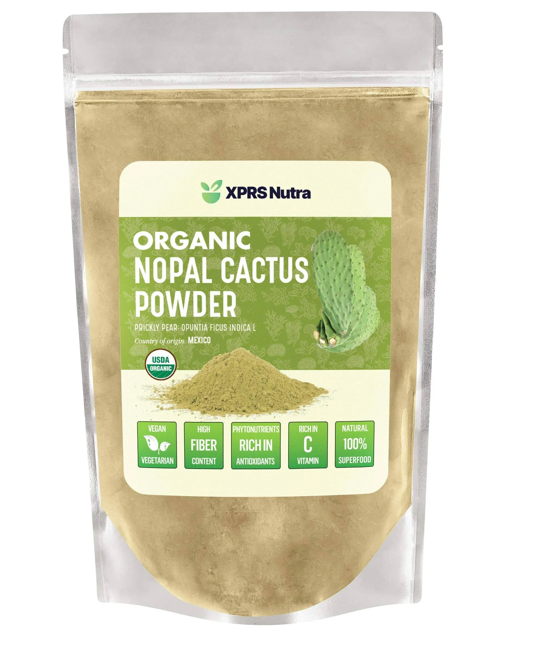 XPRS Nutra Organic Nopal Cactus Powder - Prickly Pear Supplement Nopal Powder from Mexico - High in Dietary Fiber, Calcium and Vitamin C - Nopal