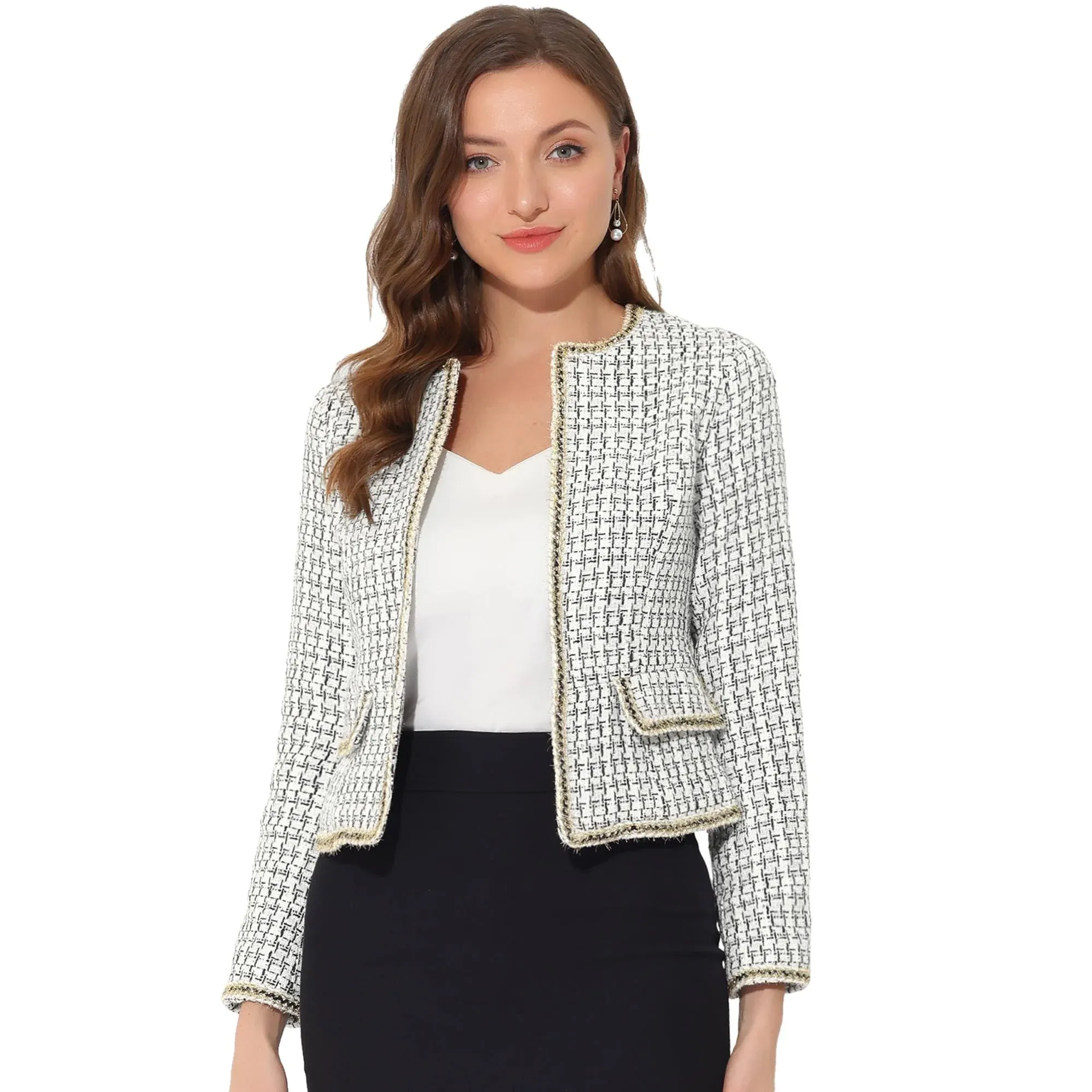 Allegra K Women's Plaid Tweed Open Front Office Short Blazer