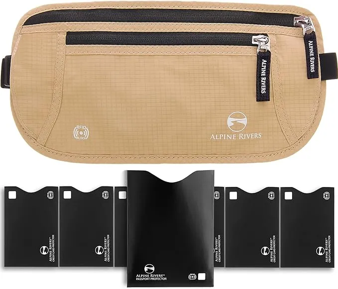 Money Belt - RFID Blocking Hidden Travel Wallet with 7 Bonus Sleeves