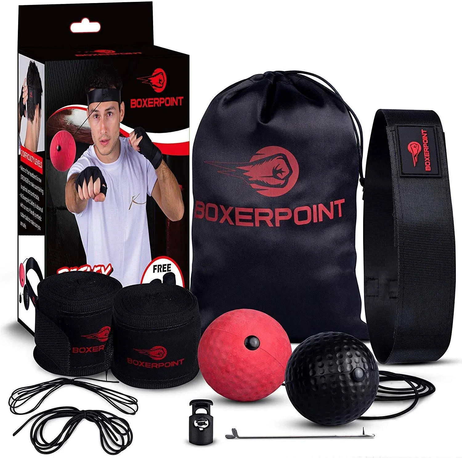 Boxing Reflex Ball for Adults and Kids - React Reflex Balls on String with Headband, Carry Bag and Hand Wraps - Improve Hand Eye Coordination, Punching Speed, Fight Reaction (2 Difficulty Level Balls)Boxing Reflex Ball for Adults and Kids - React Reflex 