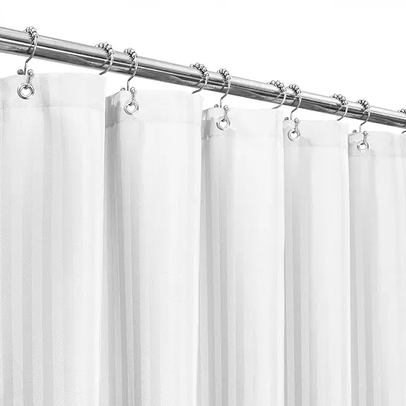 Barossa Design Fabric Shower Curtain 92 Inch Extra Long - Herringbone & Striped, Hotel Grade, Machine Washable, Water Repellent, 160 GSM Heavyweight, White, 71x92