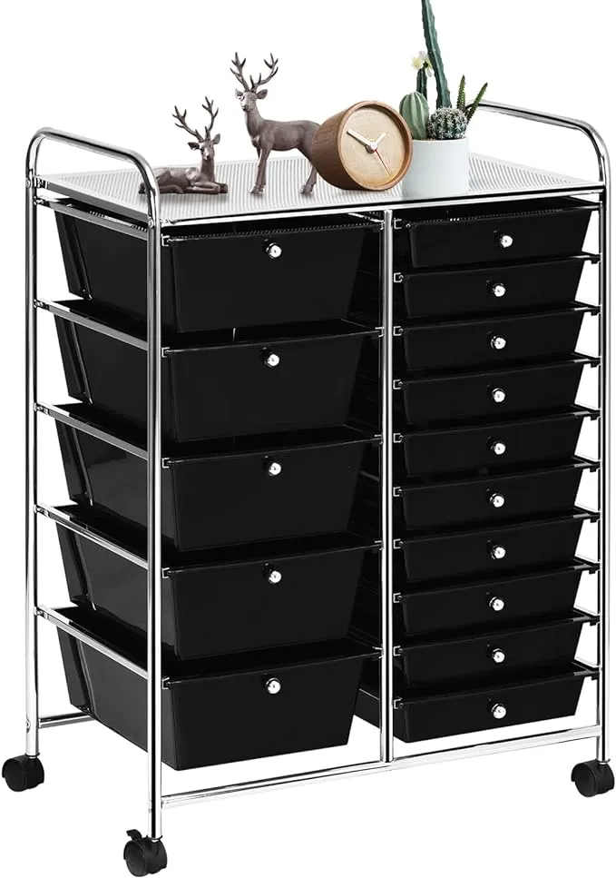 SILKYDRY 15 Drawers Rolling Storage Cart, Craft Cart Organizer with Lockable Wheels for Tools, Arts, Scrapbook, Papers, Multipurpose Utility Cart for Home Office School (Black)