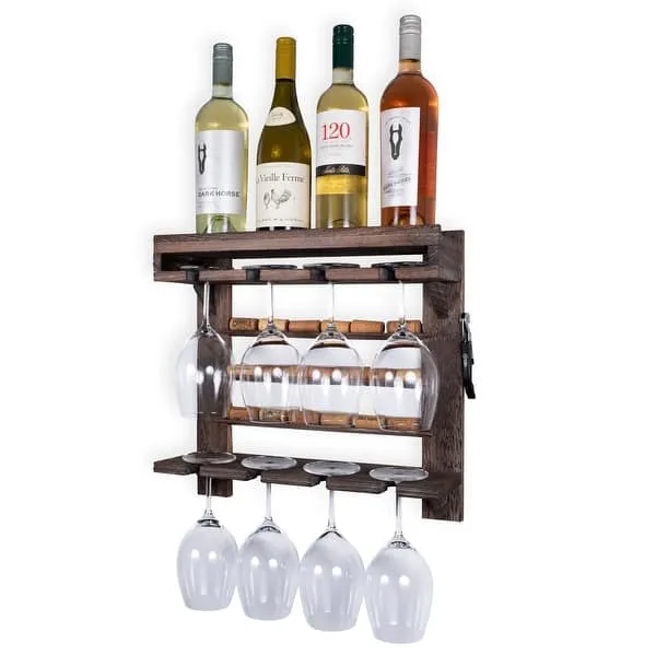 Rustic State Rias Wall Mounted Wine Rack with Stemware Glass Holder and Cork Storage with Magnetic Corkscrew Holder