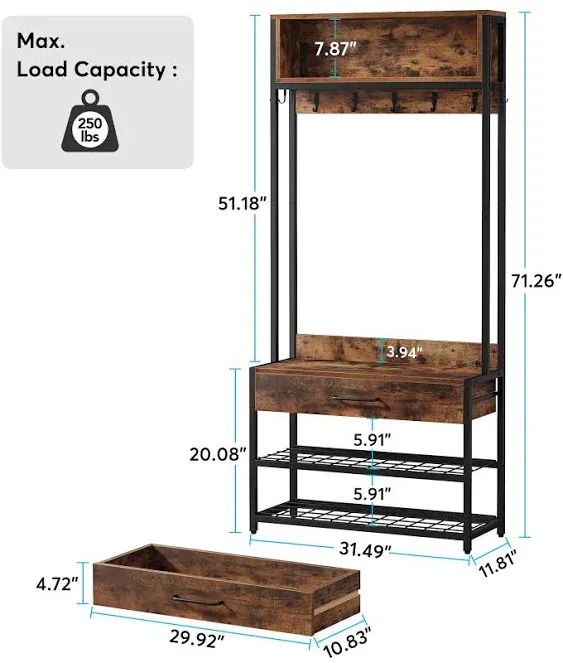 Tribesigns 3-in-1 Entryway Hall Tree with Drawer, Vintage Industrial Coat Rack with Shoe Storage Rack and Hutch for Living Room Bedroom, Brown