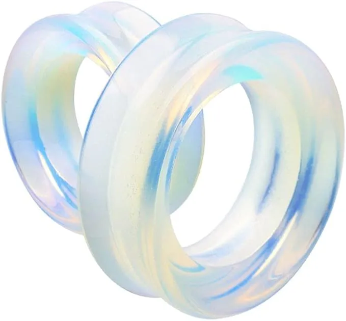 Supersize Opalite Stone Double Flared Eyelet Tunnel Ear Gauge Plug Earrings