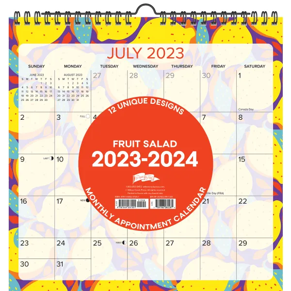 2023-2024 Willow Creek Press Monthly At A Glance Spiral Wall Art Calendar, 12&rdquo; x 12&rdquo;, Fruit Salad, July 2023 To June 2024 