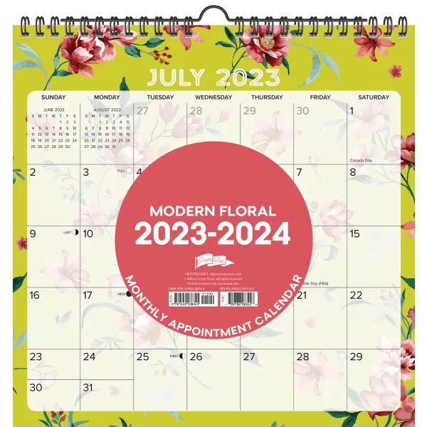 2023-2024 Willow Creek Press Monthly At A Glance Spiral Wall Art Calendar, 12" x 12", Modern Floral, July 2023 To June 2024