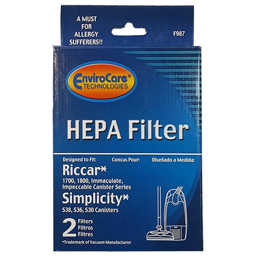 Riccar 1700 1800 HEPA and Charcoal Filter Set RF17 Also Will Fit Simplicity