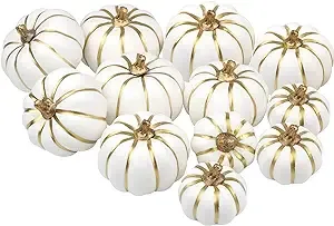 Artmag Artificial Pumpkins Bulk 12Pcs Assorted Sizes Harvest Lifelike Pumpkin Fake Foam Pumpkin for Fall Autumn Halloween Home Party Thanksgiving Party Holiday Decor White Goldline