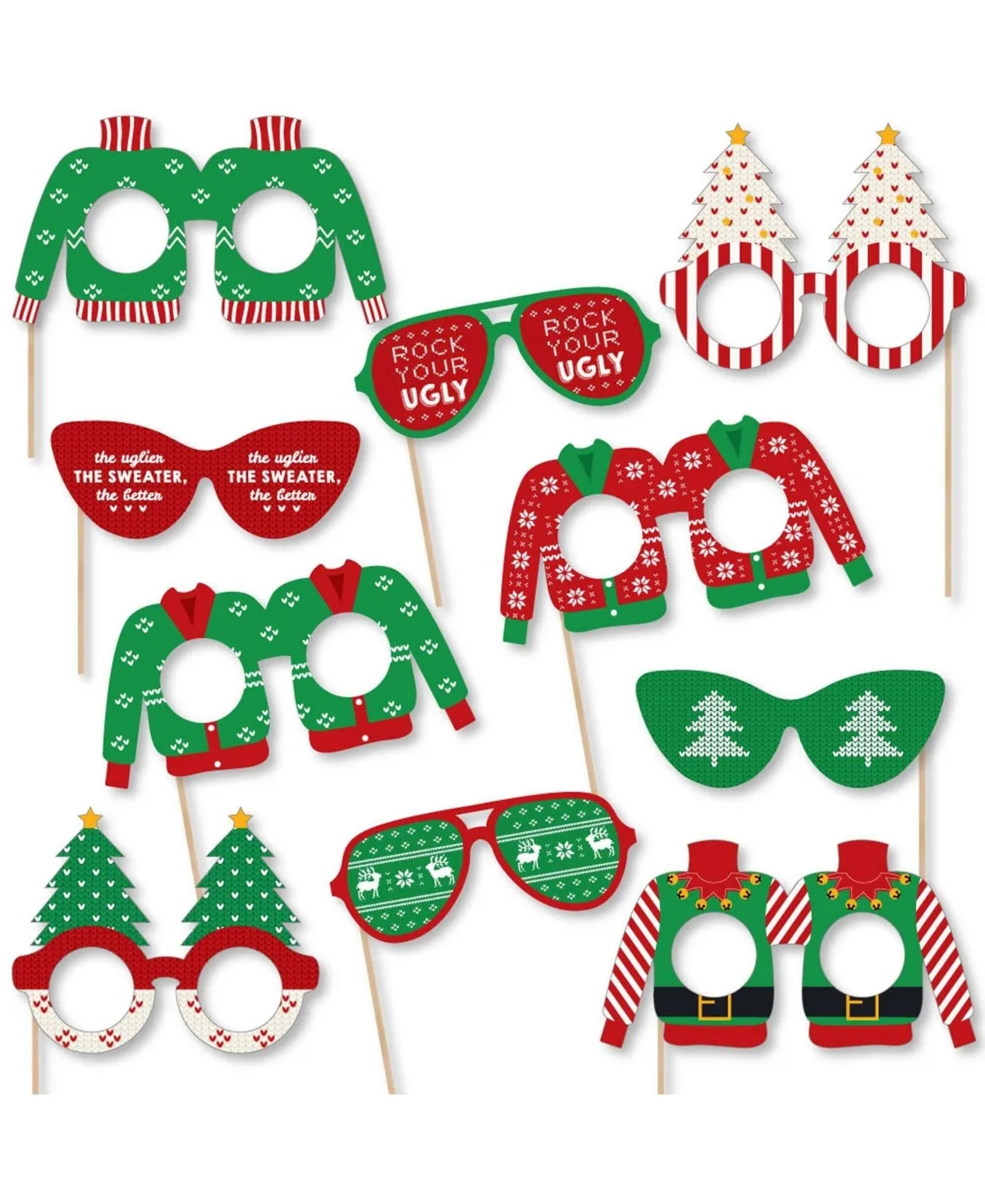 Ugly Sweater Glasses Paper Holiday Christmas Party Photo Booth Props Kit 10 Ct