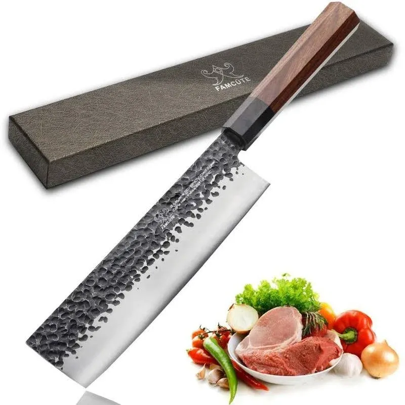 FAMCÜTE Santoku Knife 7 inch, Hand Forged 3 Layers 9CR18MOV High Carbon Steel Professional Kitchen Knife -Ultra Sharp Wood Handle Japanese Sushi Knife