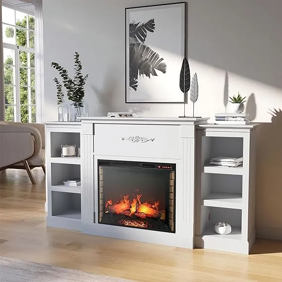 Belleze Lenore Modern 70" TV Stand with Electric Fireplace Heater - White