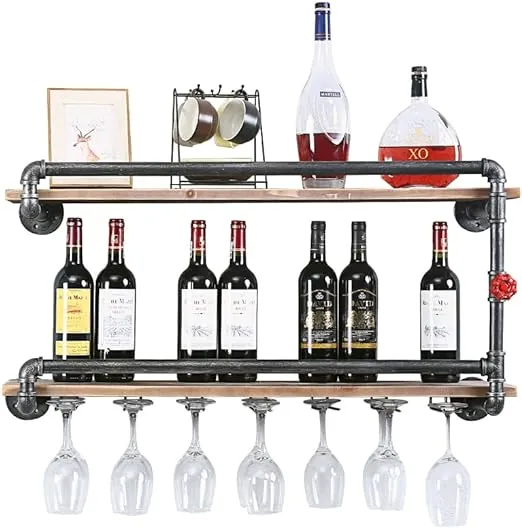 Industrial Wine Racks Wall Mounted with 7 Stem Glass Holder,2-Tiers Rustic Metal