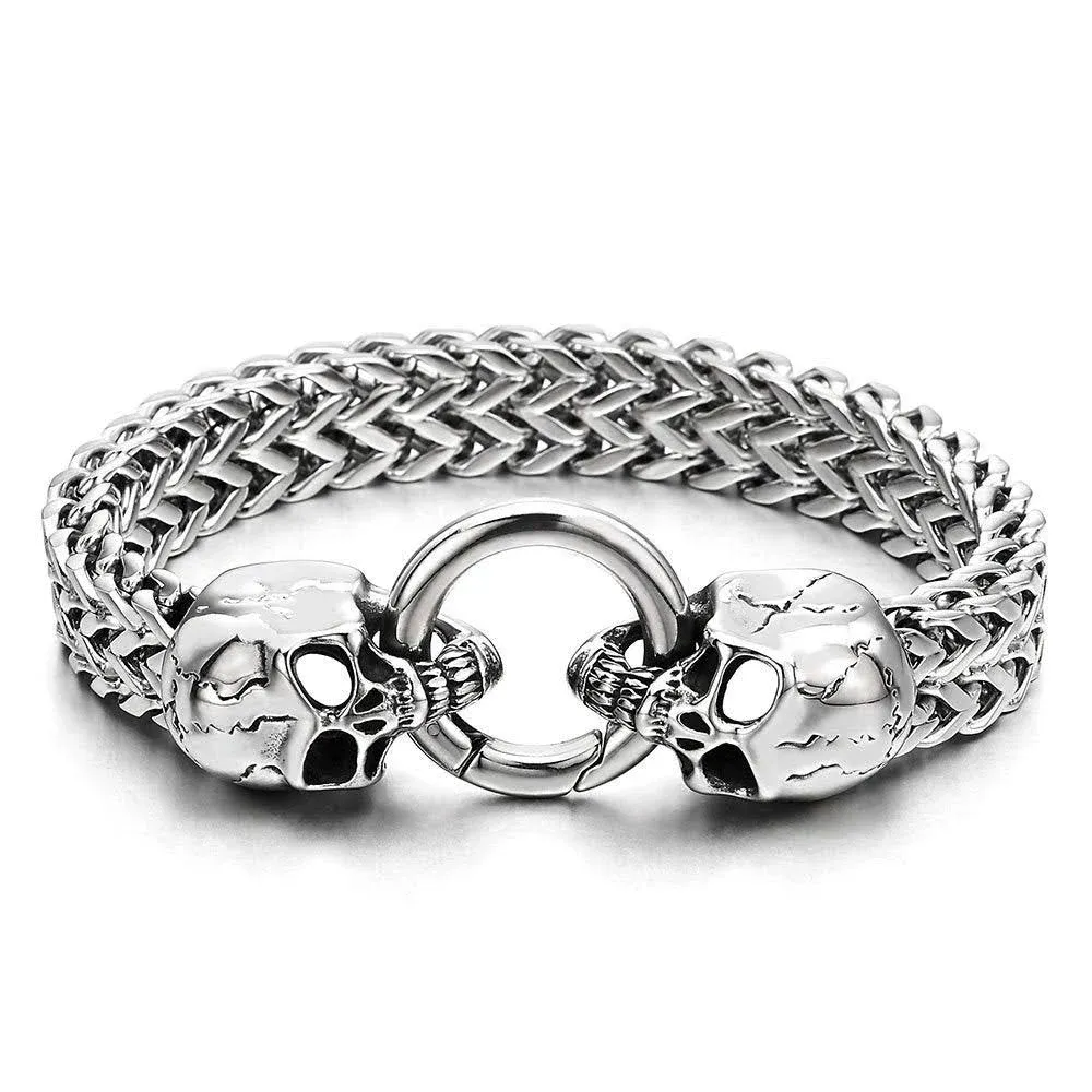 Gothic Mens Stainless Steel Skull Franco Link Curb Chain Bracelet with Spring Ring Clasp 8.5 Inches