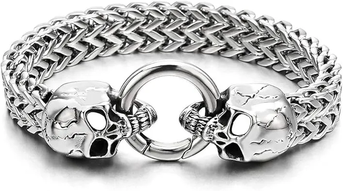 Gothic Mens Stainless Steel Skull Franco Link Curb Chain Bracelet with Spring Ring Clasp 8.5 Inches