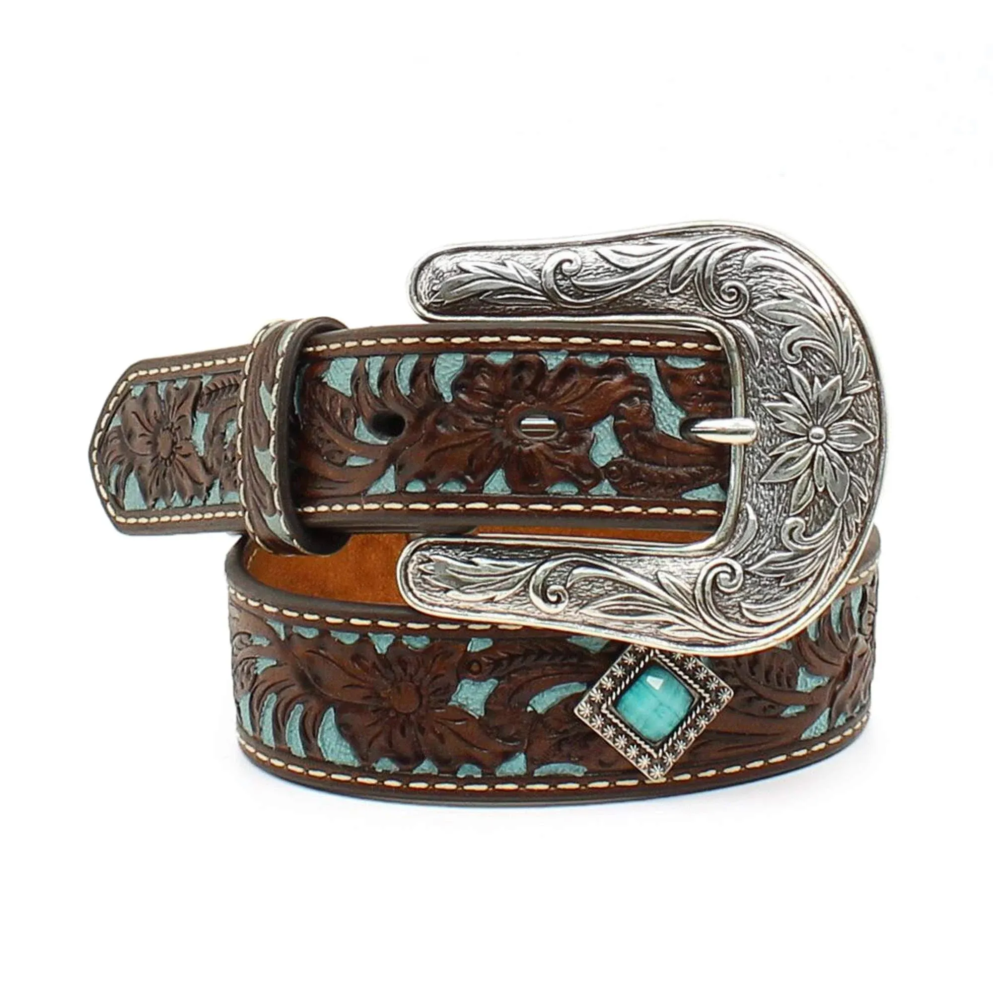 MF Western Ariat Western Girls Belt Leather Tooled Floral Conchos Brown/Turq Style A1302402