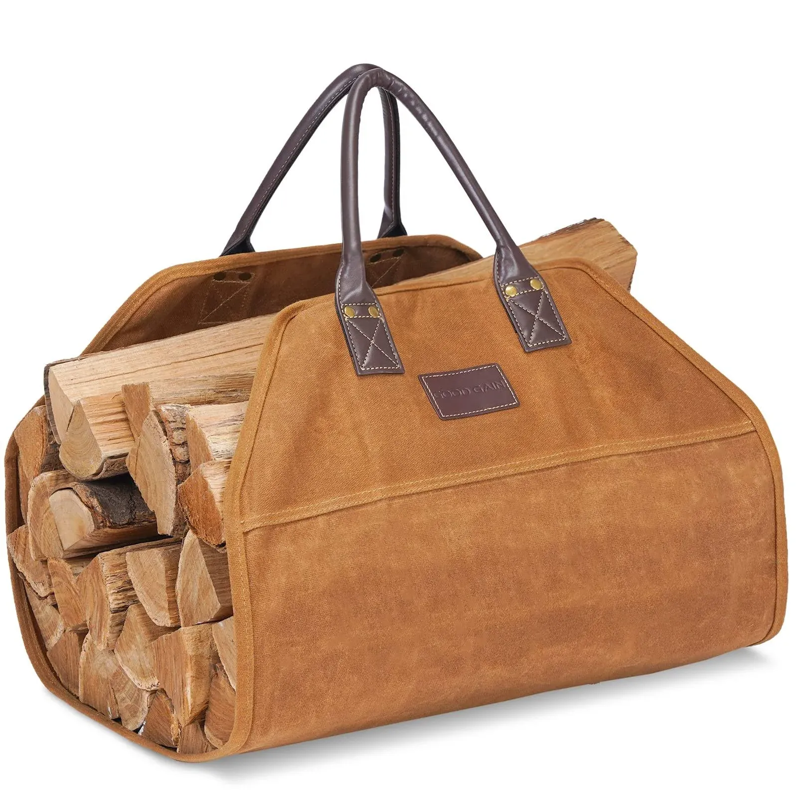 G Good Gain Firewood Carrier Waxed Canvas with Leather Handles, Wood Carrier for ...