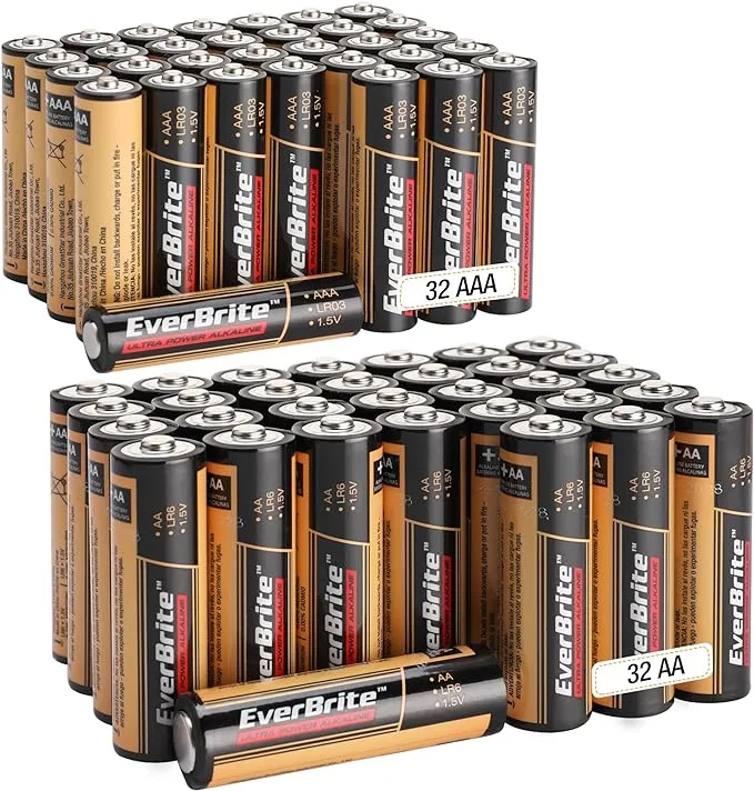 EverBrite 64PCS Alkaline Battery Pack 32PACK AAA/32PACK AA Alkaline Battery PACK