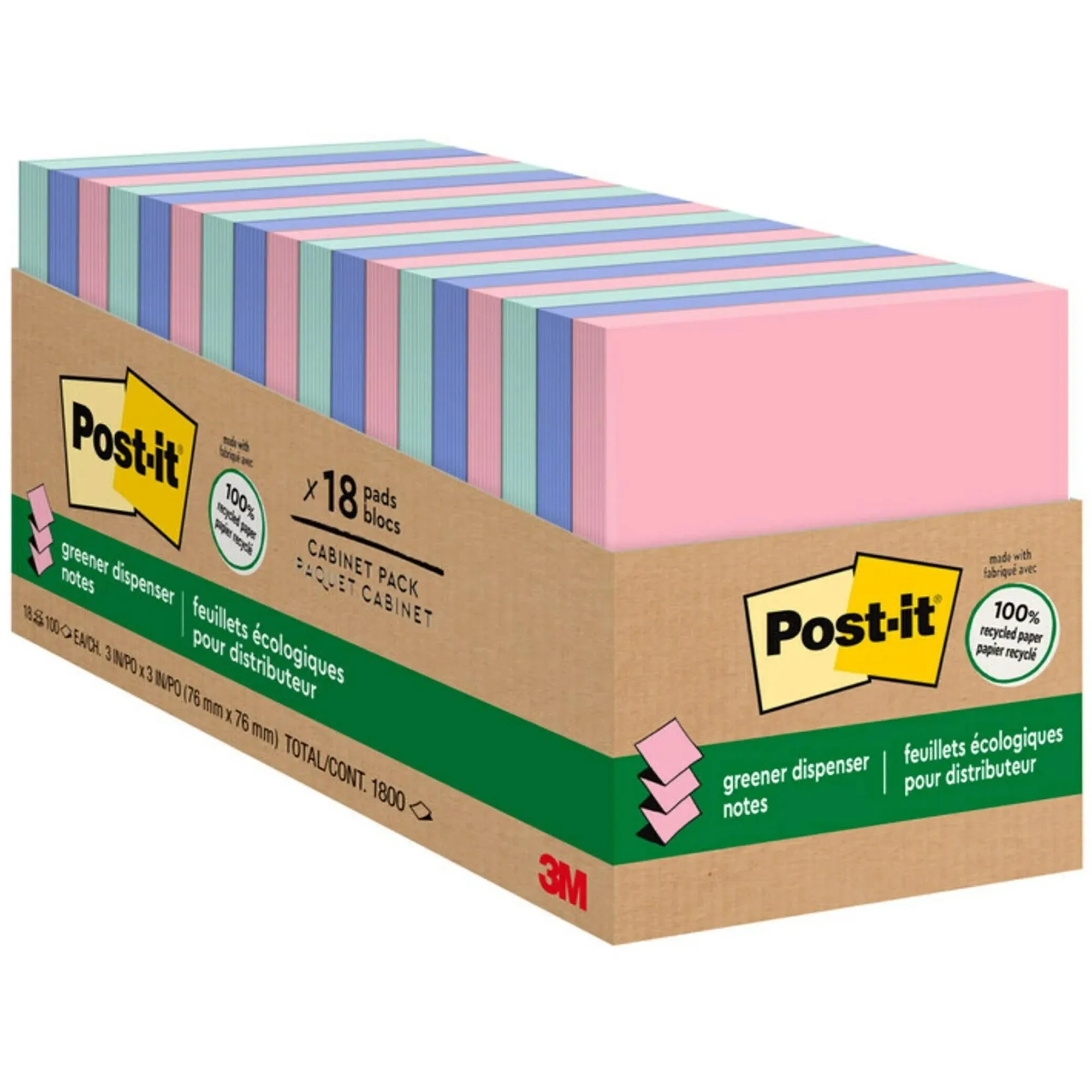 Post-it Pop-Up Notes, Recycled, 3&#034;x3&#034; , 100 Sht/PD,18/PK, Helsinki