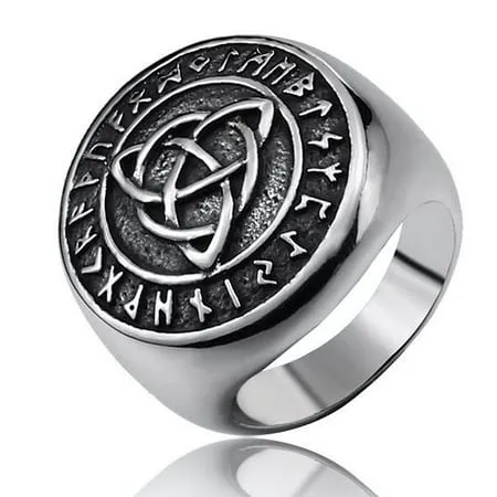 Men's Stainless Steel Norse Viking Runes Celtic Triquetra Trinity Knot Signet Ring