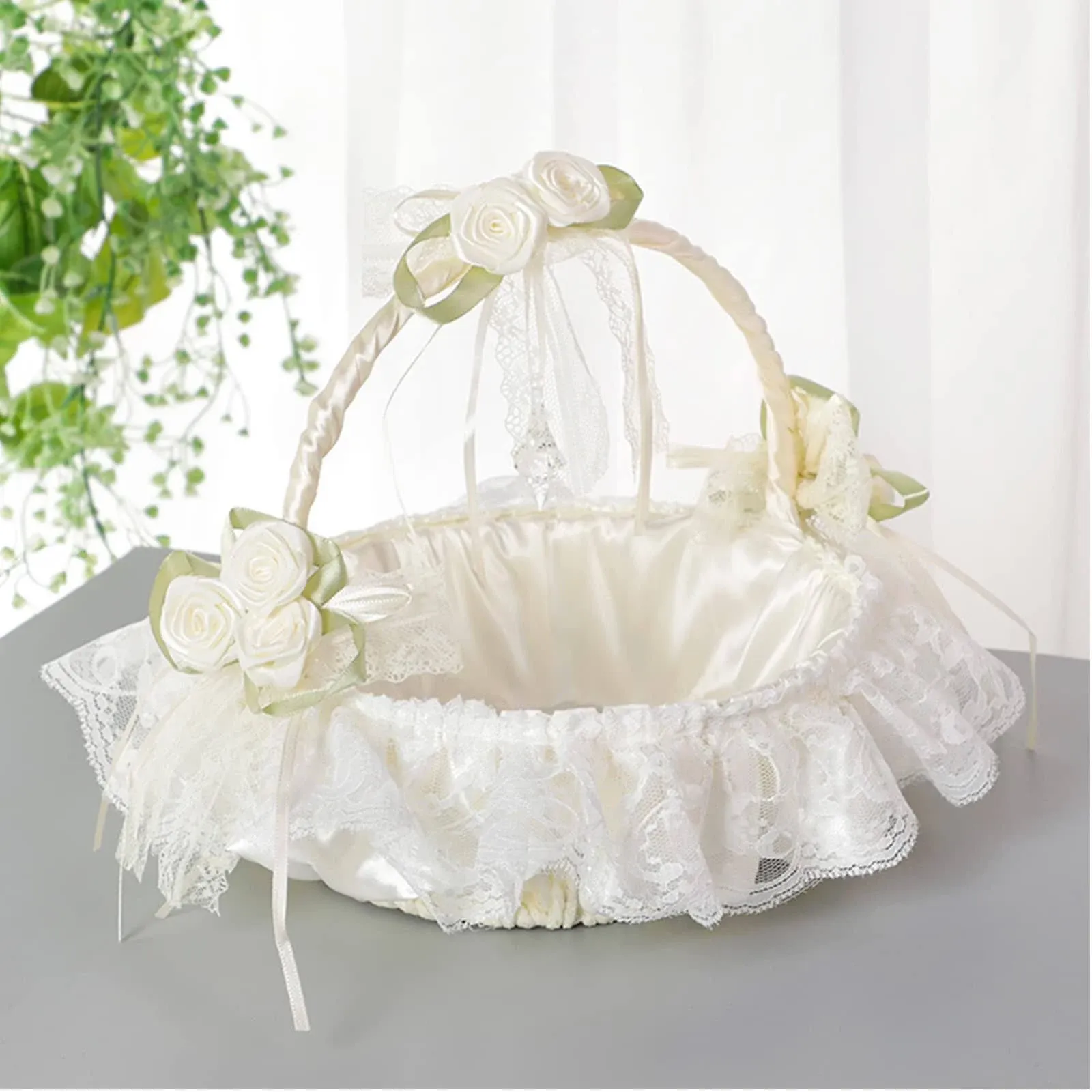 LPAYOK Ivory Flower Girl Baskets for Weddings, Flower Girl Basket Decorated with Lace, Satin Flowers & Artificial Crystal, Large Wedding Baskets for Flower Girls - Swingable Handle, 1pcs