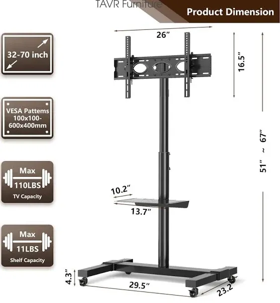 Mobile TV Stand with Wheels for 32-70 inch TVs