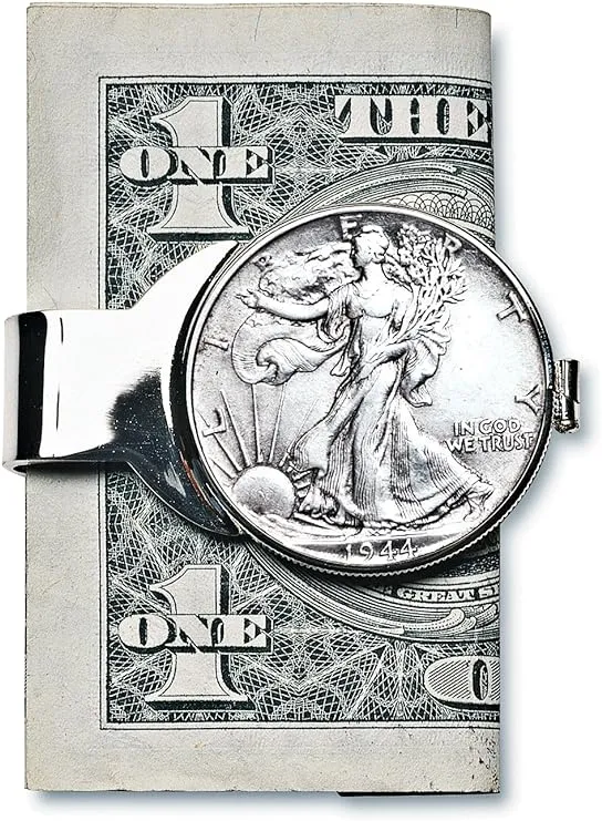 NEW Silver Walking Liberty Half Dollar Silvertone Coin Money Clip