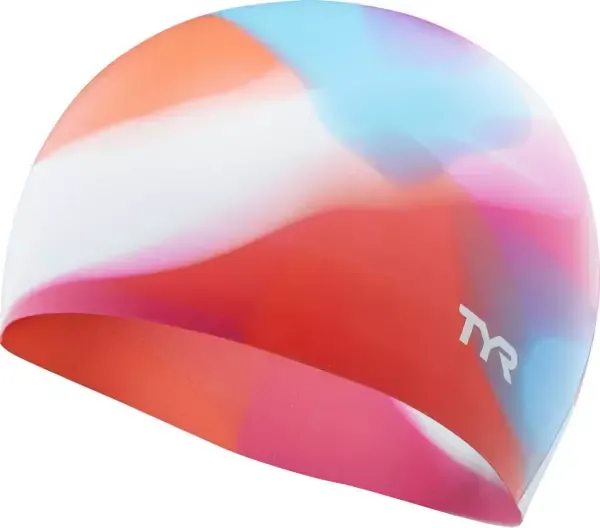 TYR Tie Dye Silicone Swim Cap Pink Yellow Orange Kids