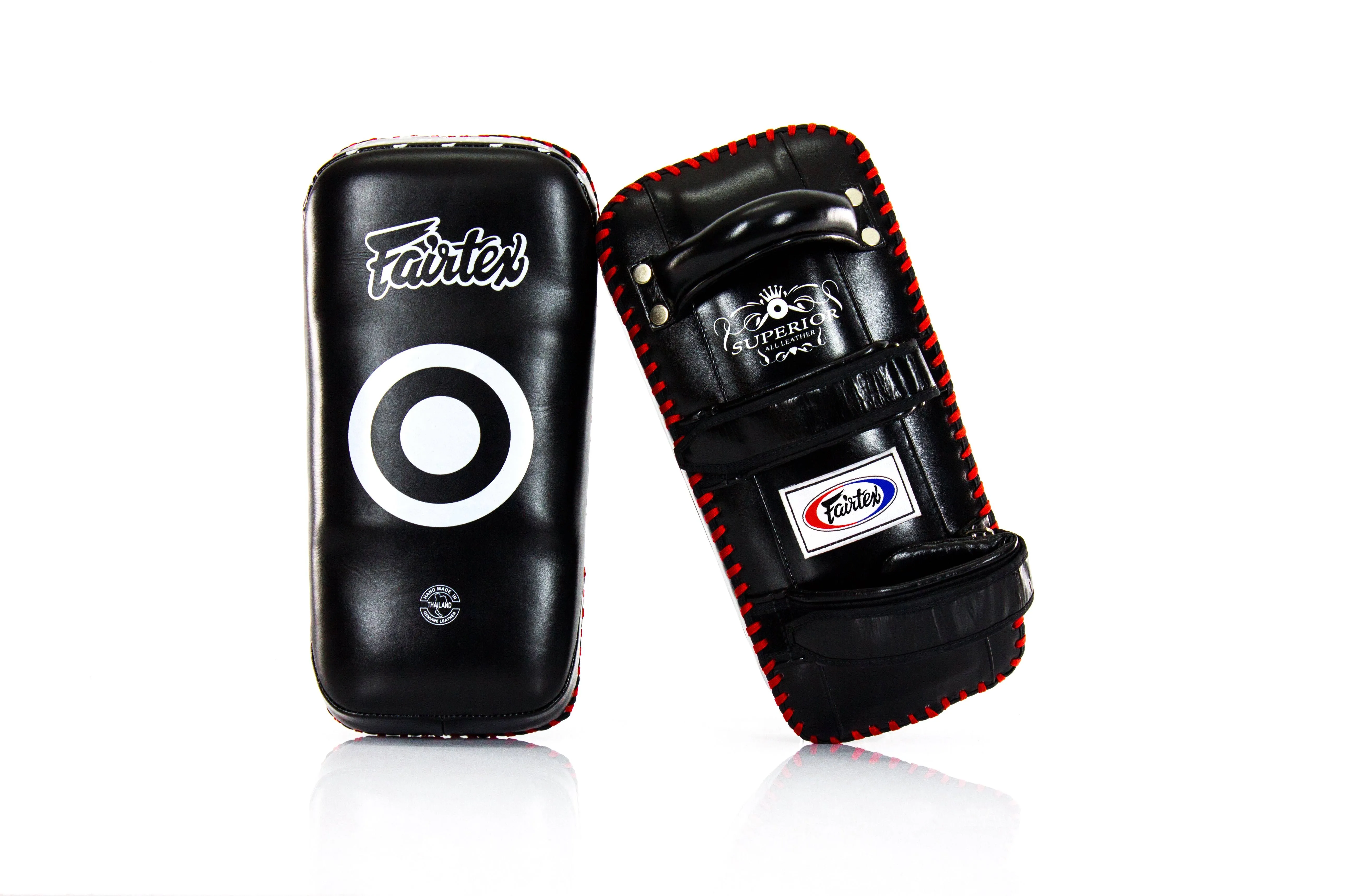 Fairtex KPLS2 Muay Thai Kick Pads Superior All Genuine Leather | Professional Training Pads for Boxing, MMA, and More | Cow Hide Leather, Curved Design, Hook & Loop Closure, Padded Straps (Black/Red)