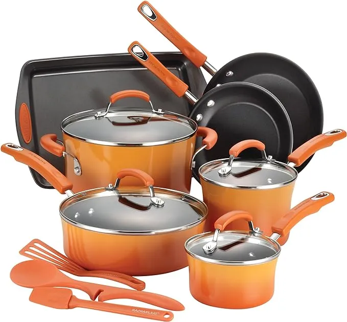 Rachael Ray Classic Brights Hard Enamel Nonstick 14-Piece Cookware Set, Orange Gradient