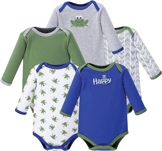 Luvable Friends Baby Boy Cotton Long-Sleeve Bodysuits 5pk, Frog - Frog