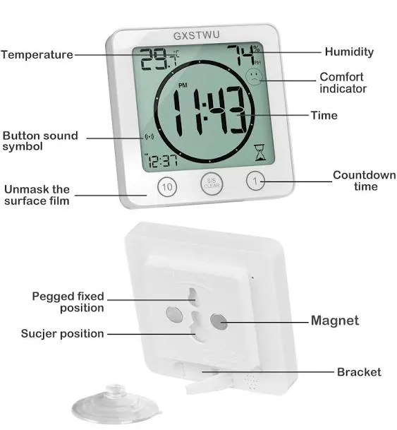 Digital Bathroom Shower Wall Clock Timer with Alarm, Waterproof for Water Spray ...