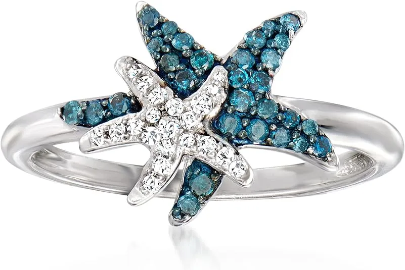 Ross-Simons 0.25 ct. t.w. Blue and White Diamond Starfish Ring in Sterling Silver