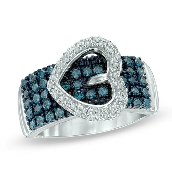 1/2 CT. T.W. Enhanced Blue and White Diamond Heart-Shaped Buckle Ring in Sterling Silver