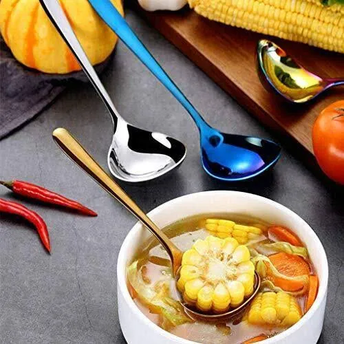 GuDoQi Soup Ladle, 3 Pack Durable 304 Stainless Steel with Polished Titanium Plated Big Volume Soup Spoon, Kitchen Gadget Utensil,8 Inch, Gold