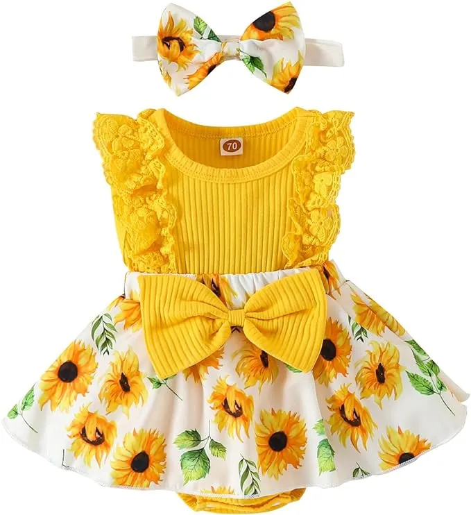 Baby Girl Clothes Newborn Romper Dress Infant Lace Ruffle Sleeveless Summer Outfits with Headband 0-12 Months