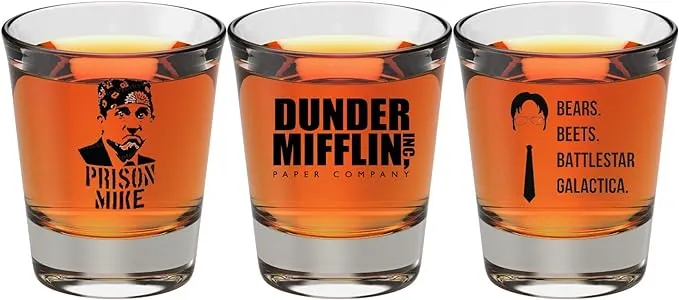 The Office Merchandise Shot Glass Gift Set - Prison Mike, Dunder Mifflin, & Bears Beets Battlestar Galactica - The Office Gifts For Men And Women