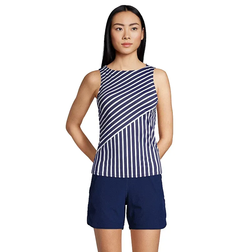 Women's Lands' End UPF 50 Bust Minimizer Tankini Swimsuit Top, Size: 16 LONG, Deep Blue  Stripe